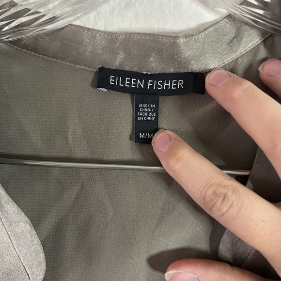 Eileen Fisher Gray Silk Charmeuse Button Down V-Neck Tunic Dress Size M Preppy - Picture 3 of 13